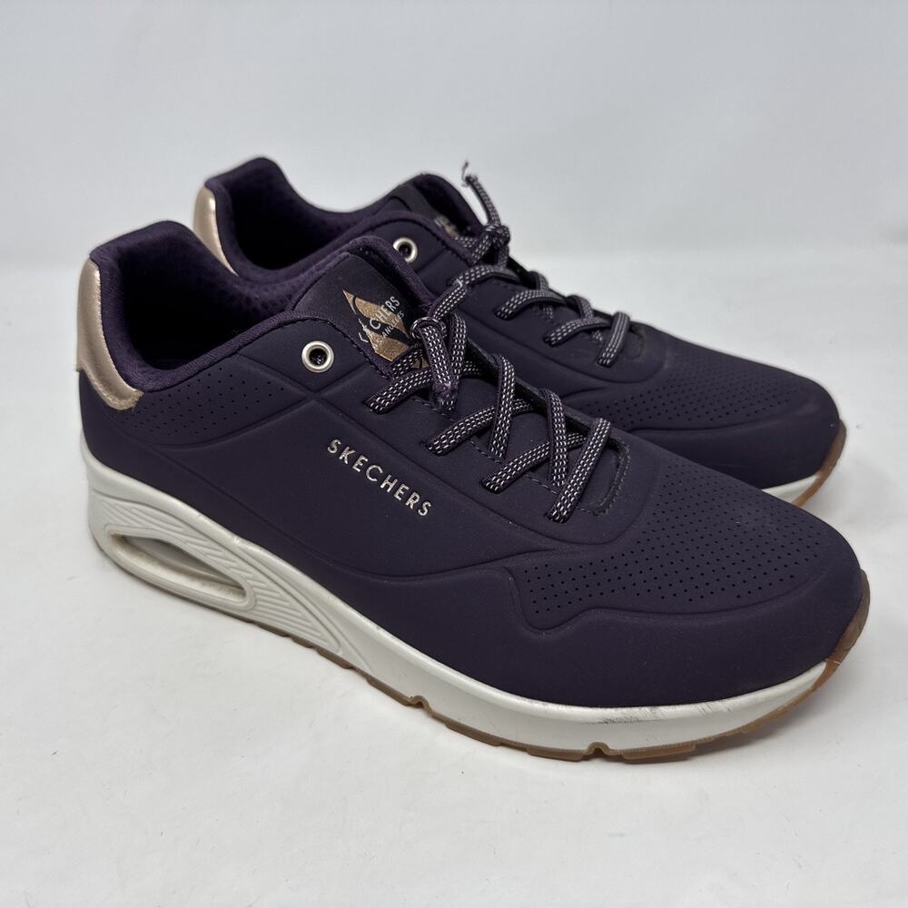 Skechers Womens Uno Shimmer Away Lace Up Dark‎ Purple Slip On 9.5 Sneaker Shoes